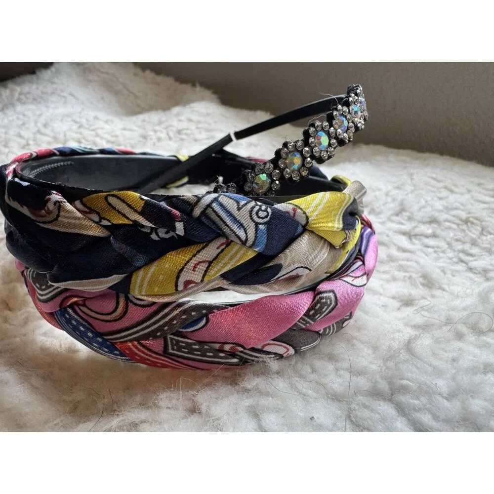 3 PC Hair Accessories Bundle Lot Headband Braided Satin & Thin Rhinestone NEW